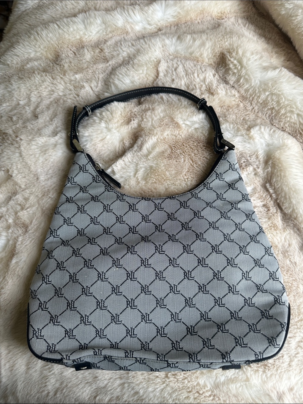 Ralph Lauren Gray Monogram Canvas Hobo Shoulder Bag with Black Trim